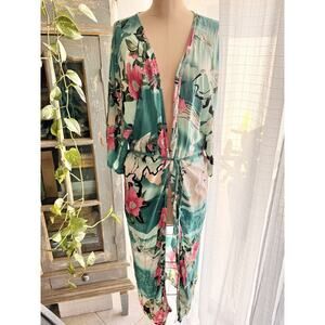 Boho Gypsy Long Maxi Kimono Robe Duster Cover Up Tropical Asian Print One Size